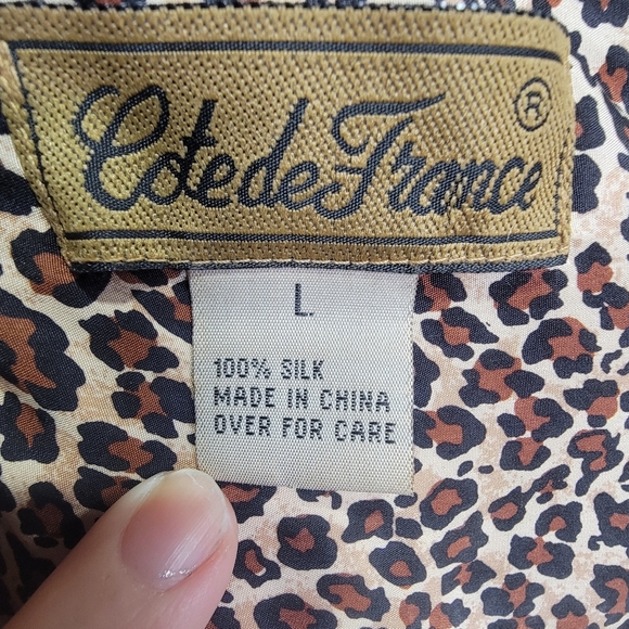 100% Silk Leopard Print Button Down Shirt by Cote de France - Large - Pockets - Picture 2 of 9